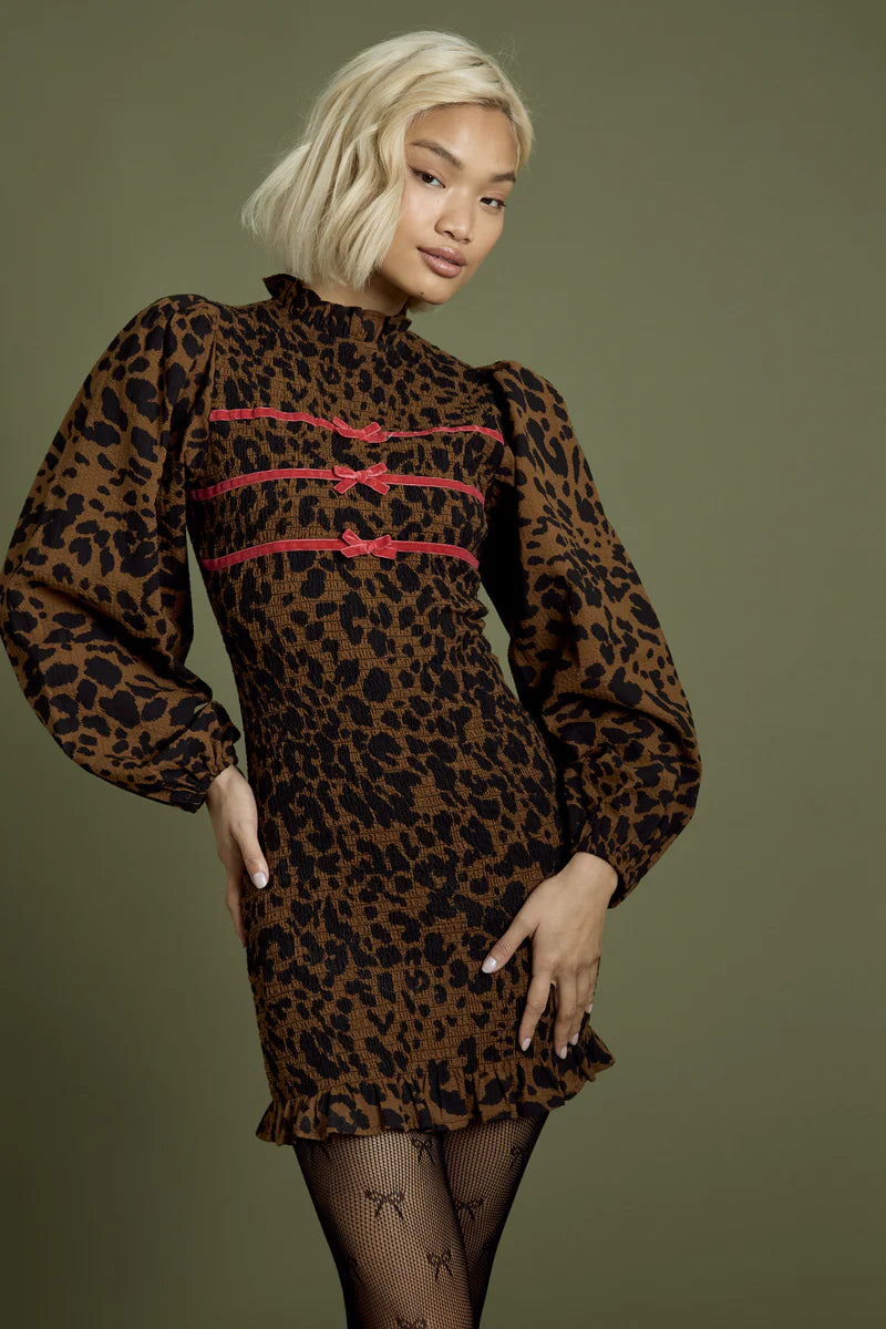 Blake Leopard and Bow Shirred Mini Dress