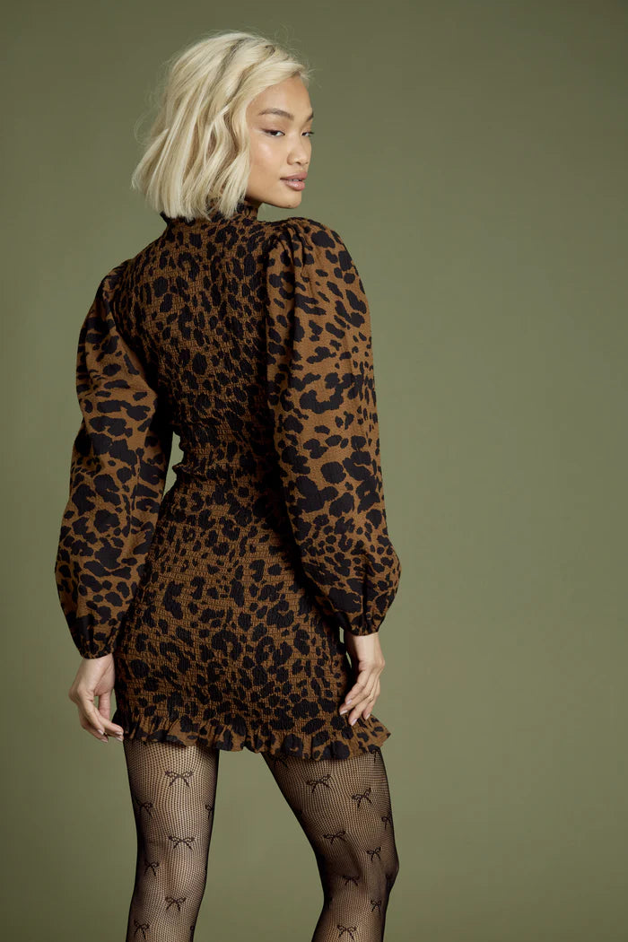 Blake Leopard and Bow Shirred Mini Dress