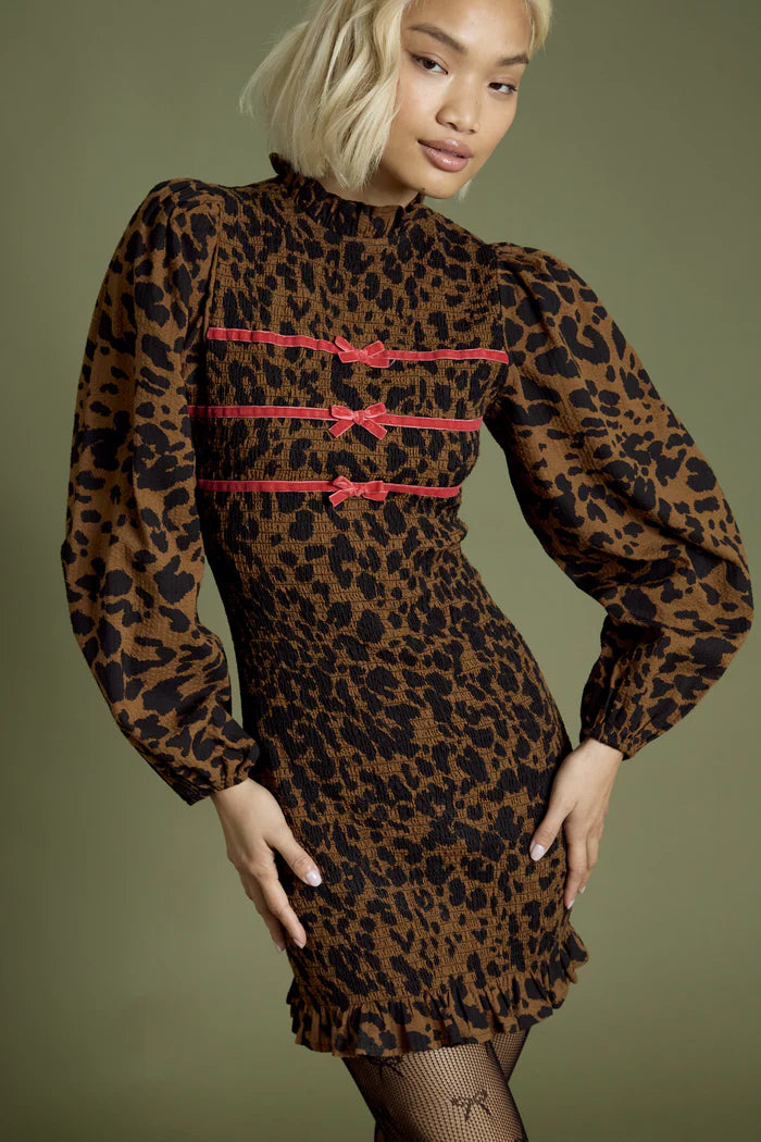 Blake Leopard and Bow Shirred Mini Dress