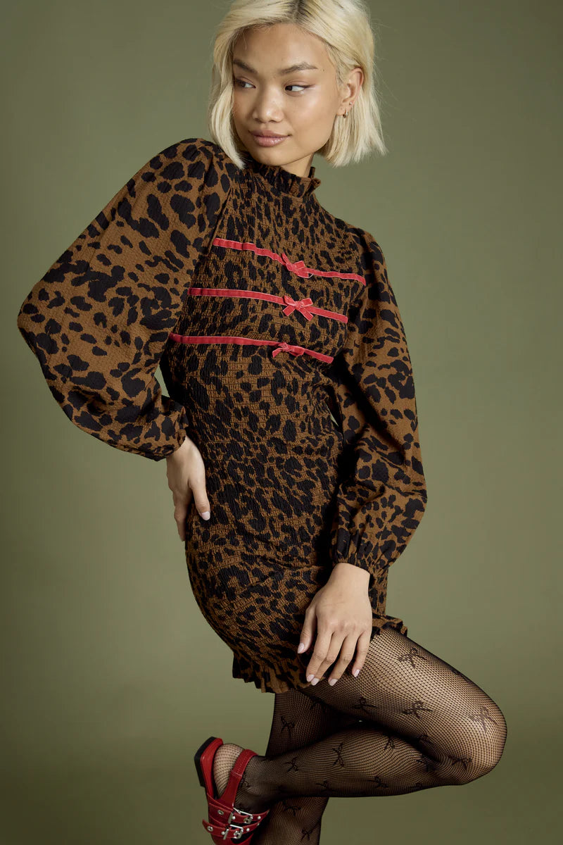 Blake Leopard and Bow Shirred Mini Dress