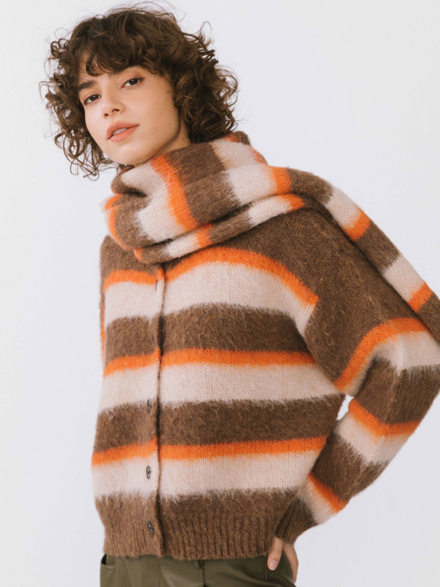 Wool Knit Cardigan With Scarf