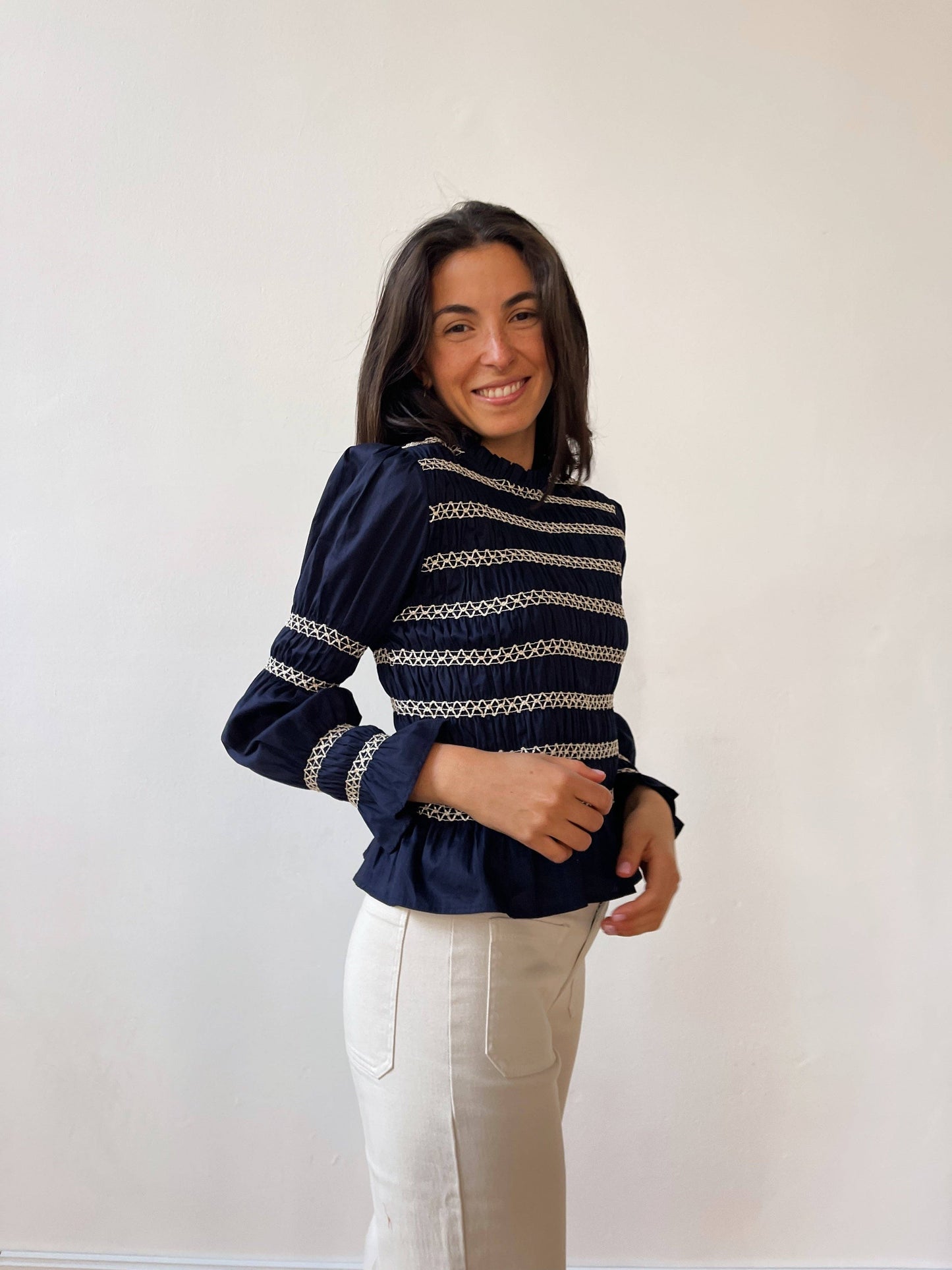 Eloise Navy Shirred Blouse
