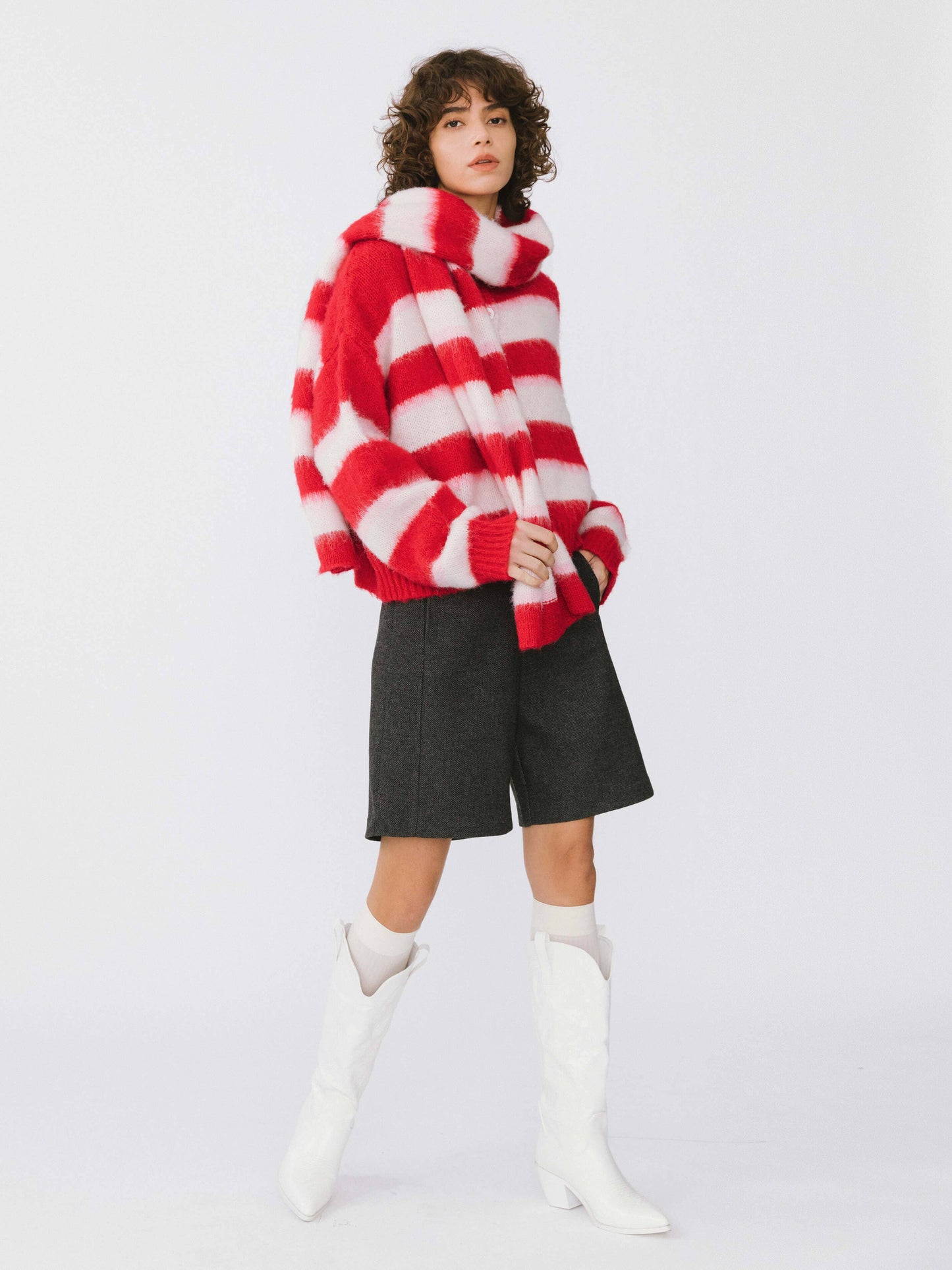 Wool Knit Cardigan With Scarf