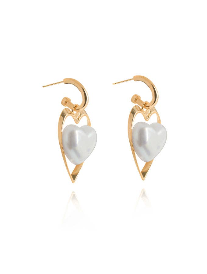 Pearl and Gold Heart Hoop Earrings