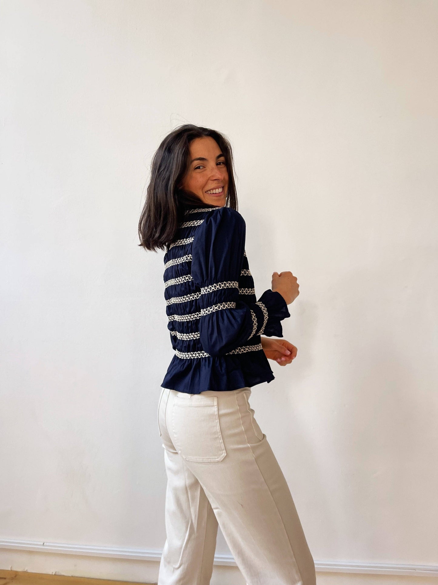 Eloise Navy Shirred Blouse
