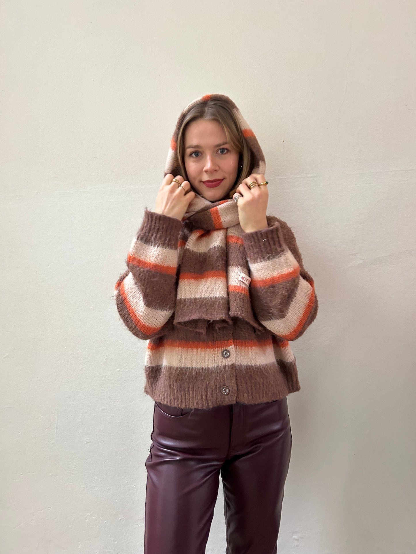 Wool Knit Cardigan With Scarf