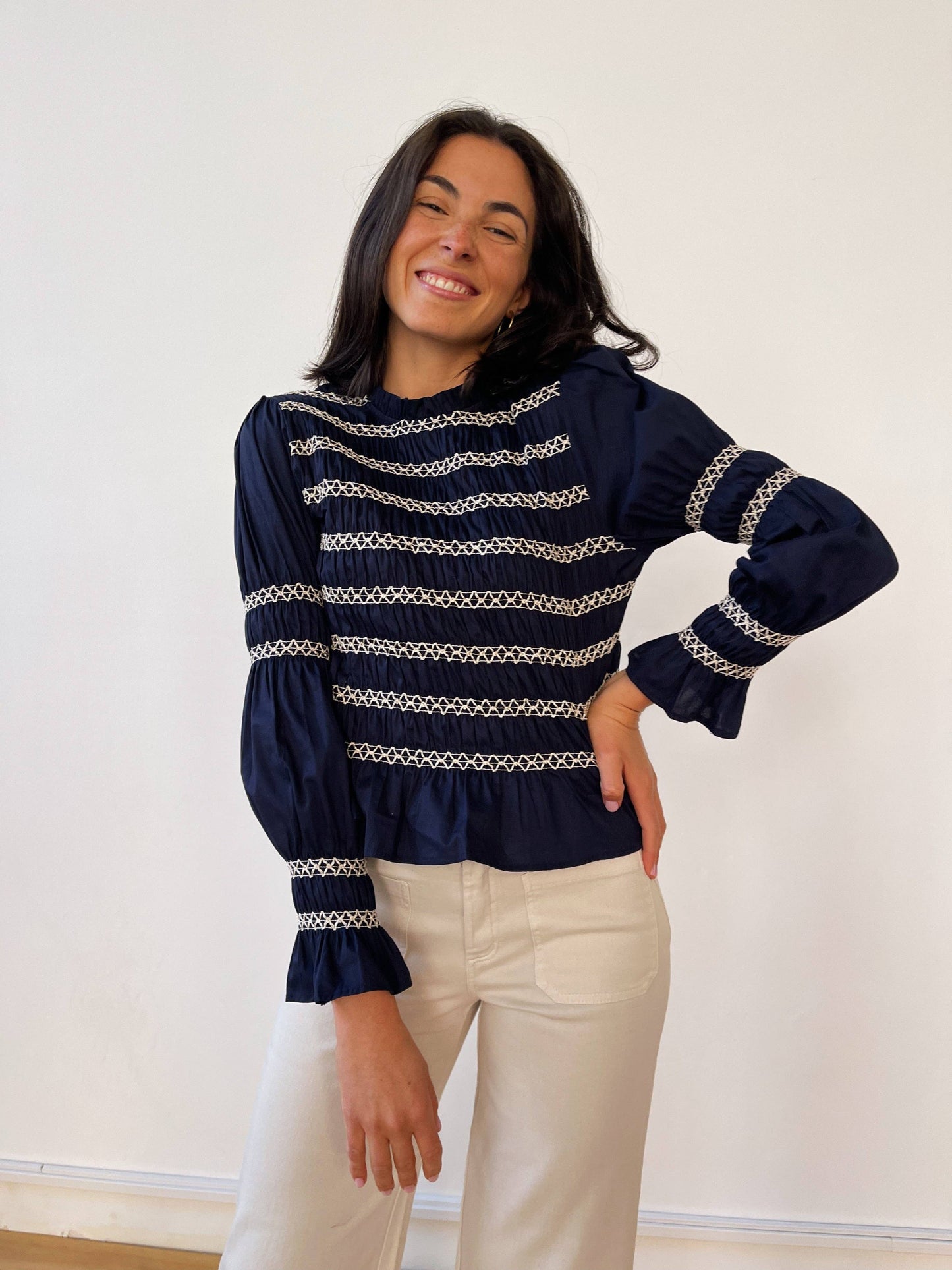 Eloise Navy Shirred Blouse