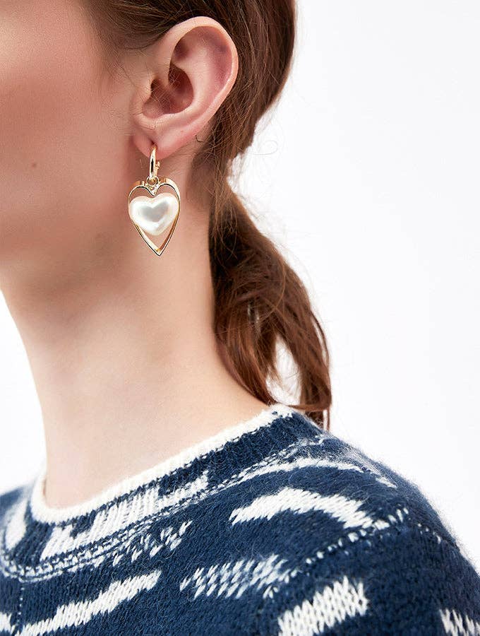 Pearl and Gold Heart Hoop Earrings