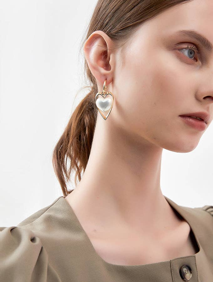 Pearl and Gold Heart Hoop Earrings