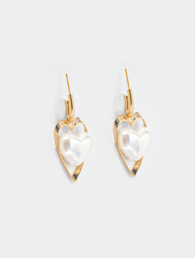 Pearl and Gold Heart Hoop Earrings
