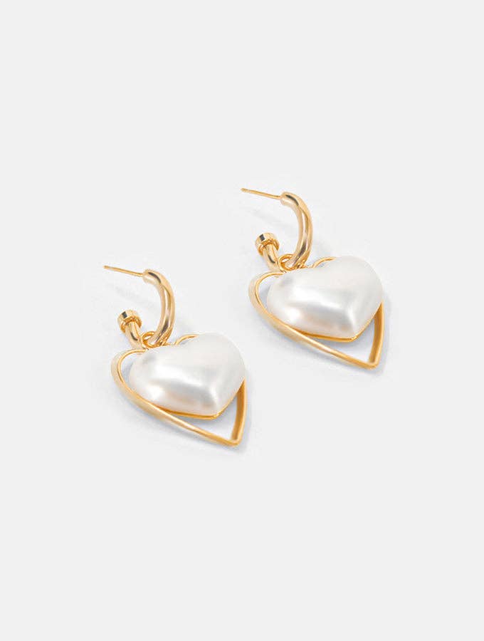 Pearl and Gold Heart Hoop Earrings