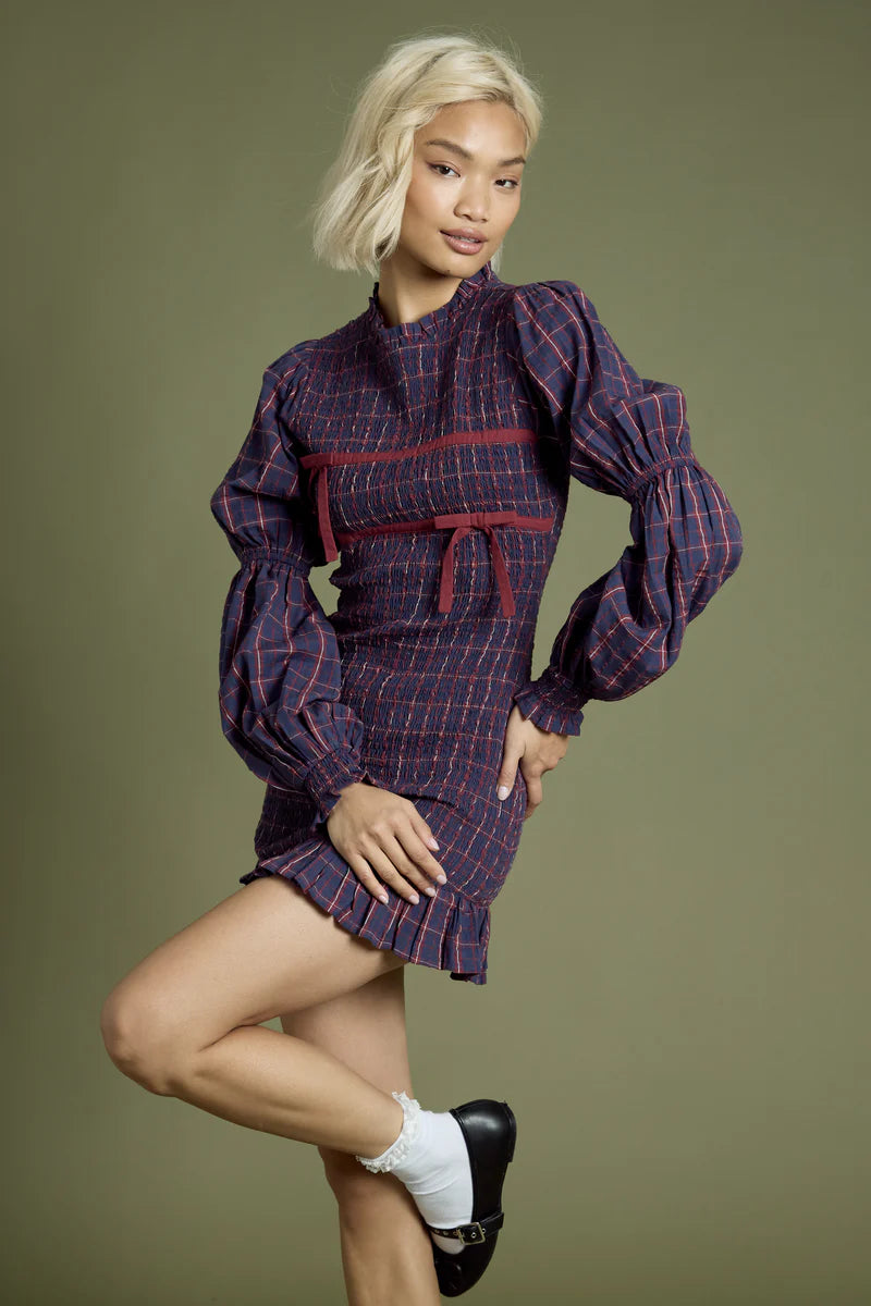 Meredith Tartan Shirred Mini Dress